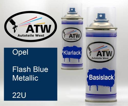 Opel, Flash Blue Metallic, 22U: 400ml Sprühdose + 400ml Klarlack - Set, von ATW Autoteile West.